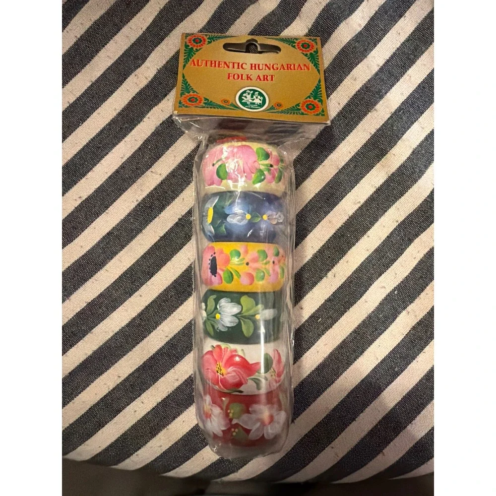 Authentic Hungarian Folk Art Hand Painted Wooden Napkin Rings Set of 6 NEW